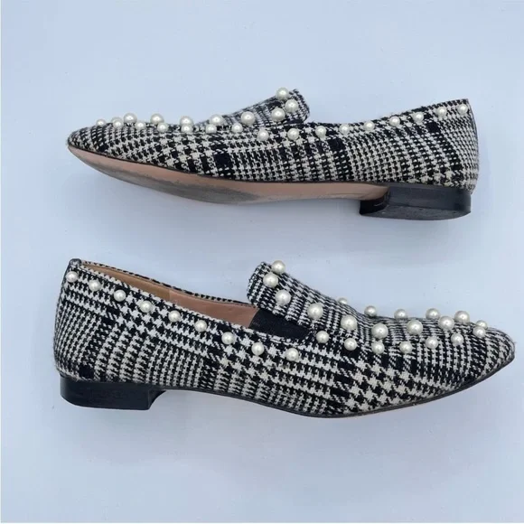 EUC J Crew Black and White Twwed Loafers with Faux Pearls - Picture 10 of 12